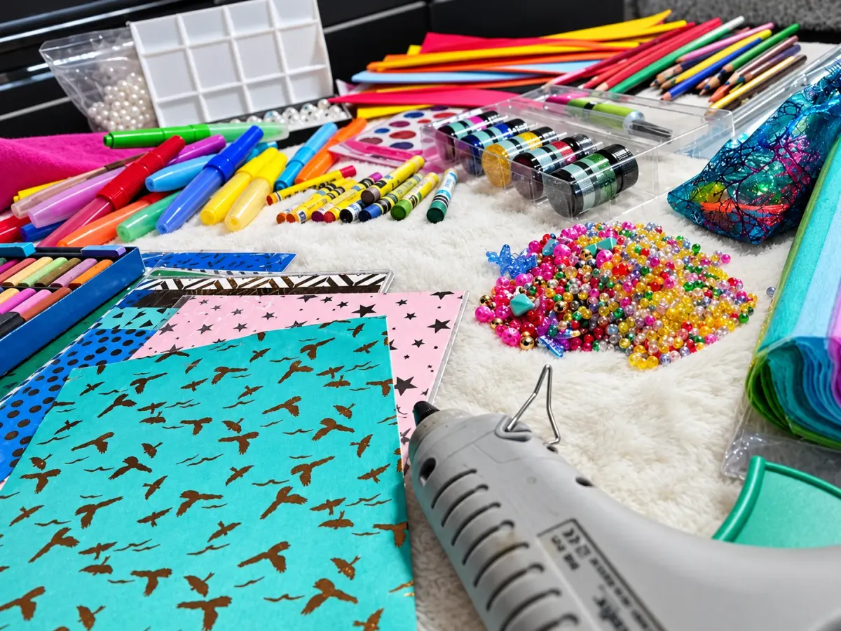 Matériel d'atelier créatif : papiers, perles, feutres et pistolet à colle